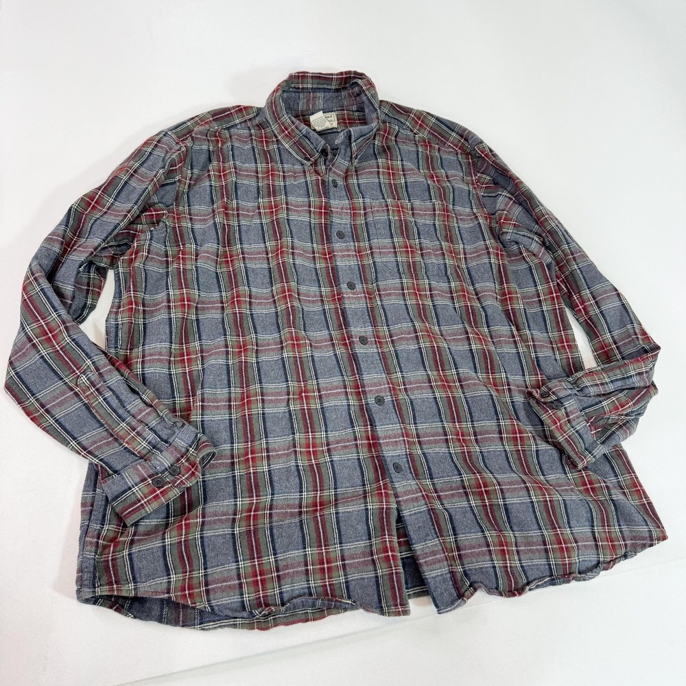 LL Bean Shirt Mens 2XL Gray Red Green Plaid Flannel Traditional Fit Button Front
